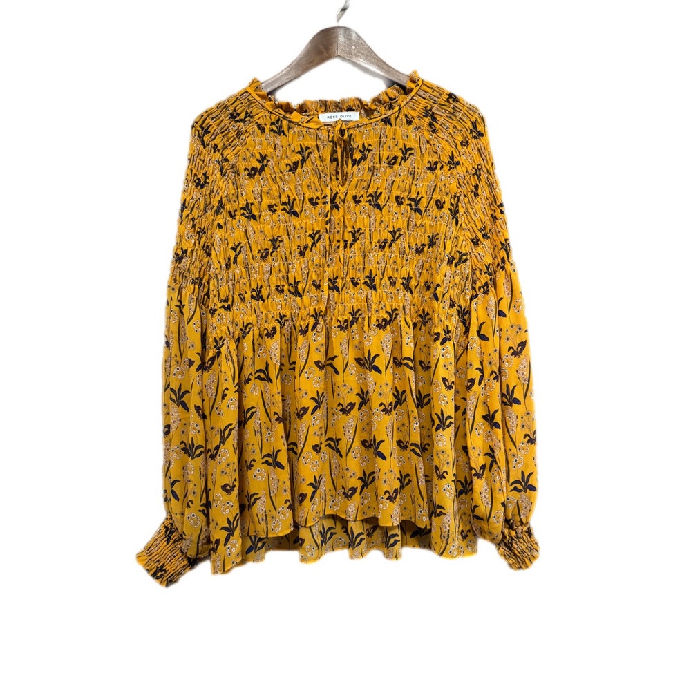 Rose & Olive Mustard Yellow Floral Smocked Blouse